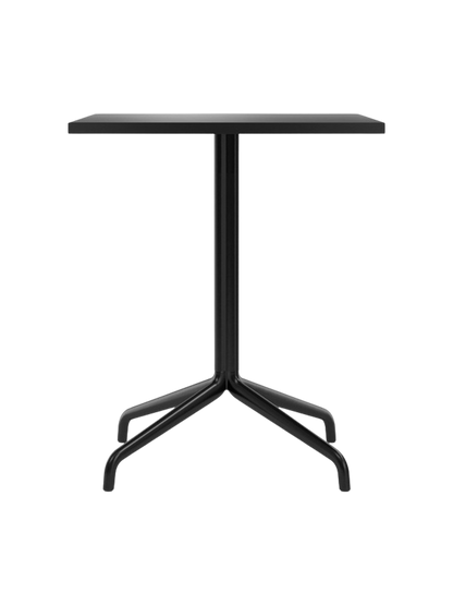 Front view of the Harbour Column Dining Table with a rectangular charcoal linoleum top and a black star-shaped base.