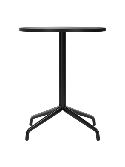 Front view of the Harbour Column Dining Table. It features a round, charcoal linoleum top and a black, four-legged starbase.
