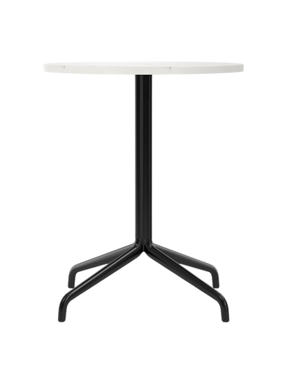 Front view of the Harbour Column Dining Table with a round Estremoz marble top and a slender black column with a star base.