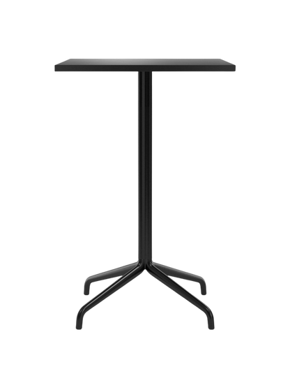 Front view of the Harbour Column Counter Table with a rectangular charcoal linoleum top and a black metal star base.