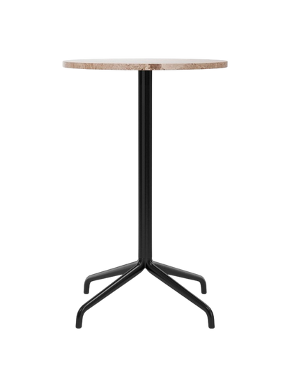 Front view of the Harbour Column Counter Table with a round Kunis Breccia stone top and a slim black star base.