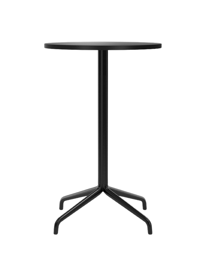 Front view of the Harbour Column Counter Table, featuring a round charcoal linoleum top and a black powder-coated star base.