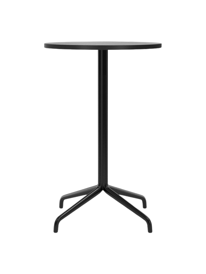 A front view of the all-black Harbour Column Counter Table, which has a round black oak top and a slender star-shaped base.