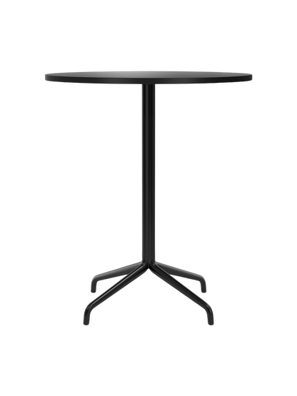 A front view of the Harbour Column Counter Table, featuring a round charcoal linoleum tabletop and a black starbase.