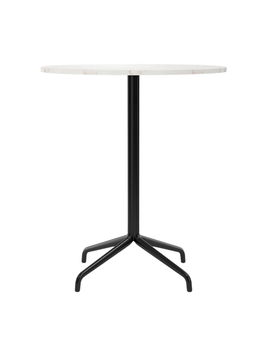 A front view of the Harbour Column Counter Table, featuring a round Estremoz marble top and a black, four-legged star base.