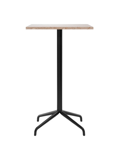 Front view of the Harbour Column Bar Table, featuring a rectangular Kunis Brescia stone top and a sleek black star base.