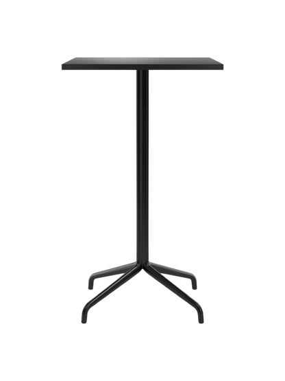 Front view of the black Harbour Column Bar Table with a rectangular charcoal linoleum top and a slender star-shaped base.