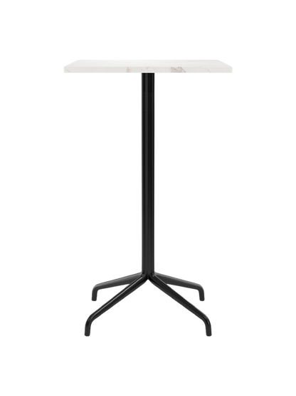 Front view of the Harbour Column Bar Table with a rectangular Estremoz marble top and a sleek black column with a star base.
