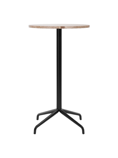 Front view of the Harbour Column Bar Table with a round Kunis Brescia stone top and a sleek black star-shaped base.