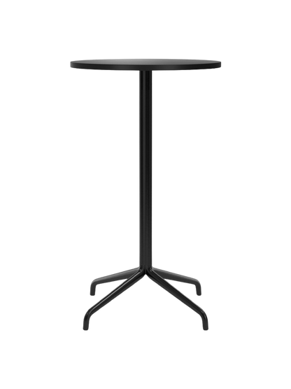 Front view of the Harbour Column Bar Table. The table features a round charcoal linoleum top and a slender black star base.