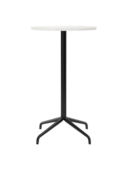 Front view of the Harbour Column Bar Table, featuring a round Estremoz marble top and slender black column with a star base.