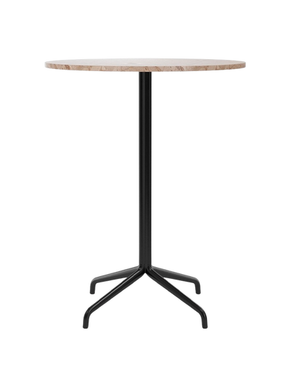 Front view of the Harbour Column Bar Table with a round Kunis Breccia stone top and a black star base on a black background.