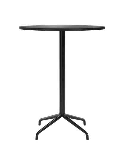 Front view of the Harbour Column Bar Table, featuring a round, charcoal linoleum top on a slim black column with a star base.