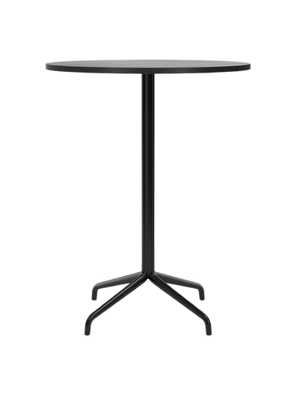 A front view of the Harbour Column Bar Table, featuring a round black oak top and a black column with a star-shaped base.