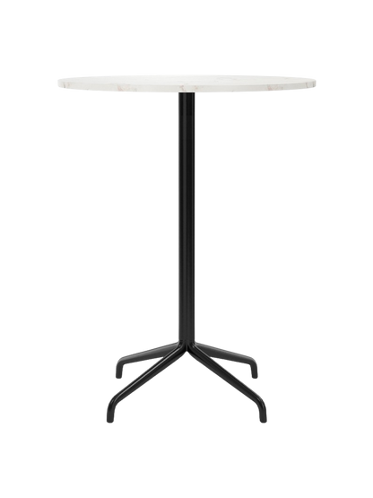 Front view of the Harbour Column Bar Table with a round, Estremoz marble top, a slender black column, and a black star base.