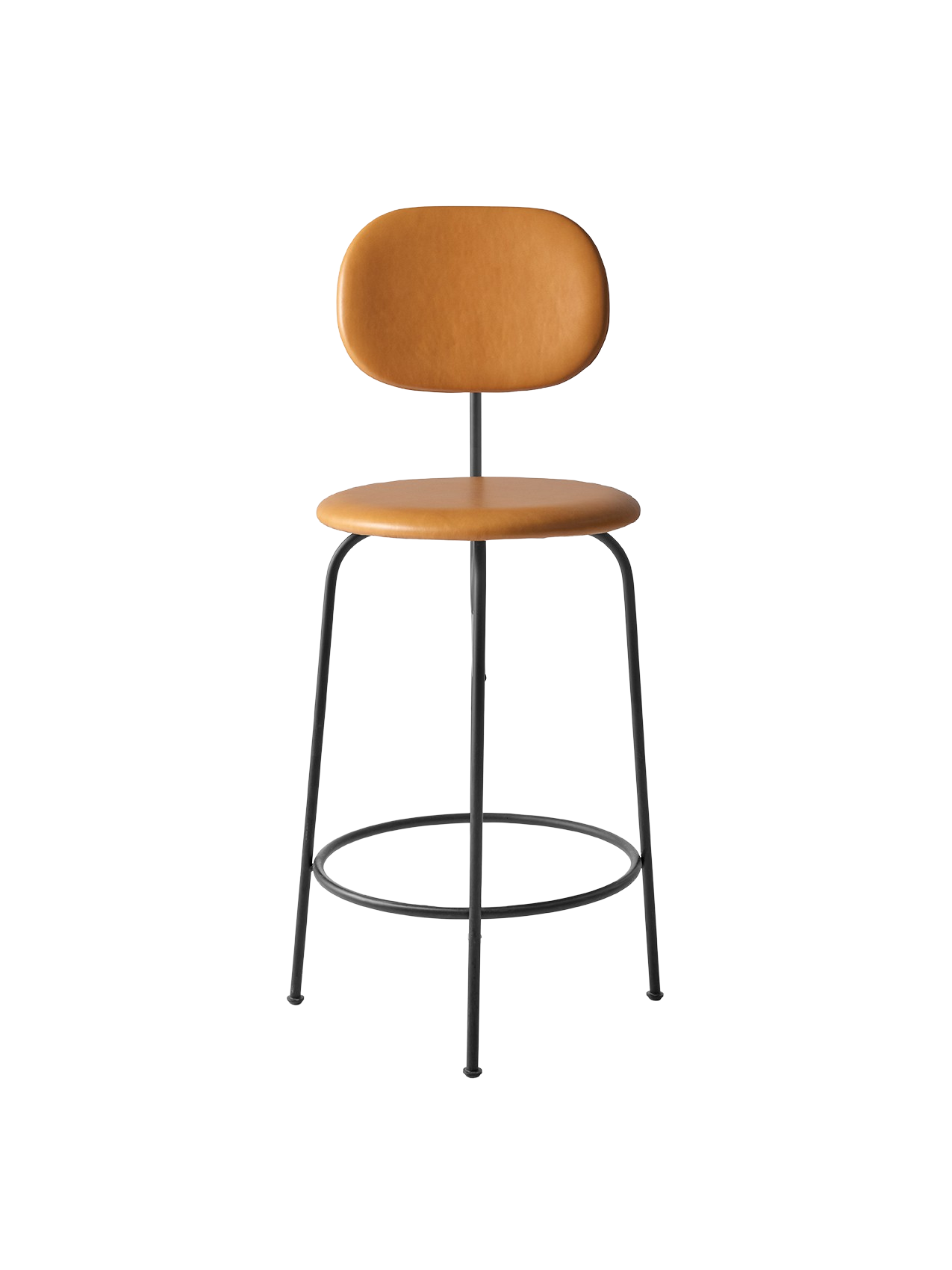 Front view of Afteroom Counter Chair Plus in tan Dakar leather, with a slender, black powder-coated steel frame.