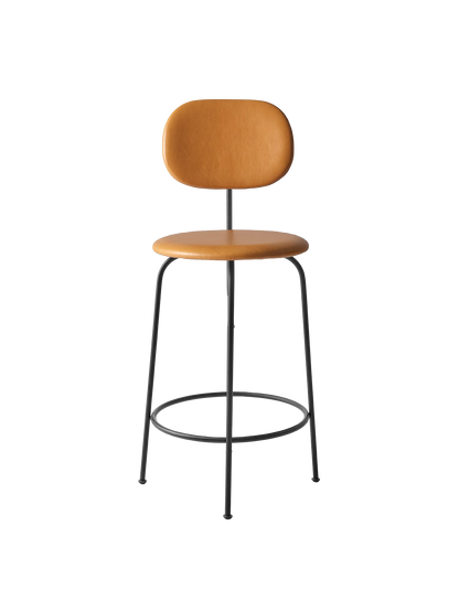 Front view of Afteroom Counter Chair Plus in tan Dakar leather, with a slender, black powder-coated steel frame.