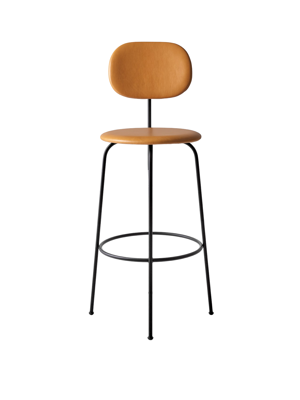 Front view of the Afteroom Bar Chair Plus, fully upholstered in tan leather with a slender, black powder-coated steel frame.