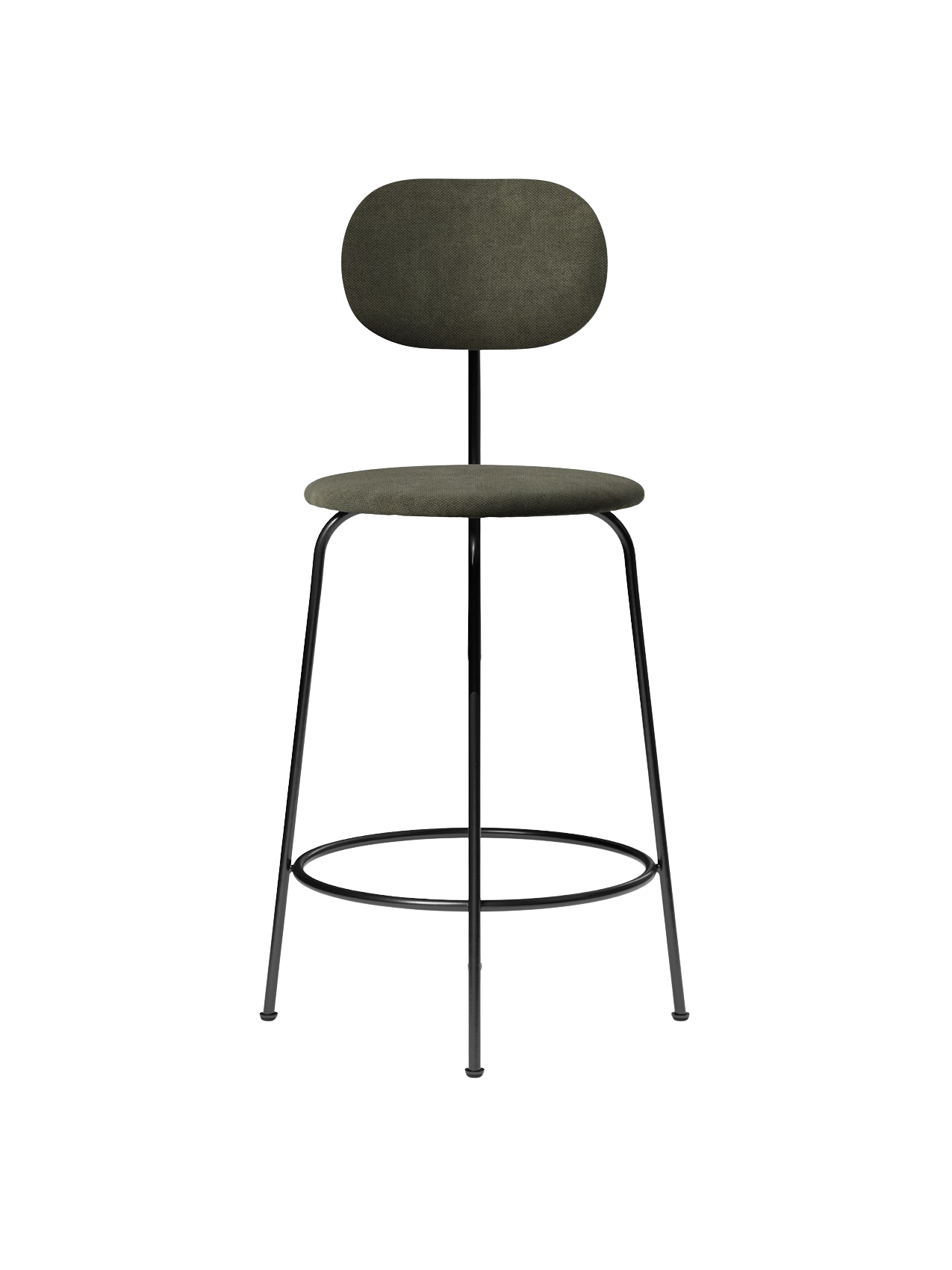 Front view of the Afteroom Counter Chair Plus, fully upholstered in dark green Fiord fabric with a slender black steel frame.