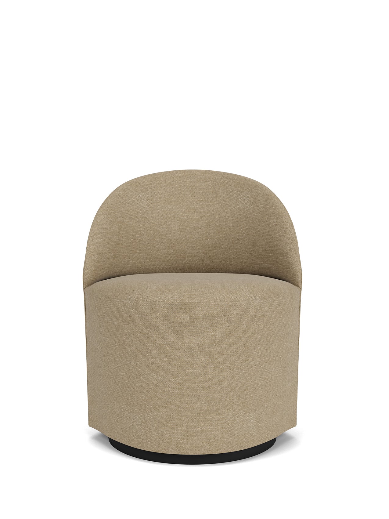 A front view of the beige upholstered Tearoom Club Chair, Swivel w/ Return, showing its curved back and black swivel base.