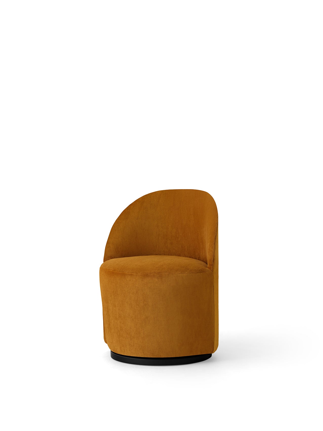 Tearoom Club Chair with Swivel Return in mustard yellow upholstery, featuring a curved back and a black swivel base.