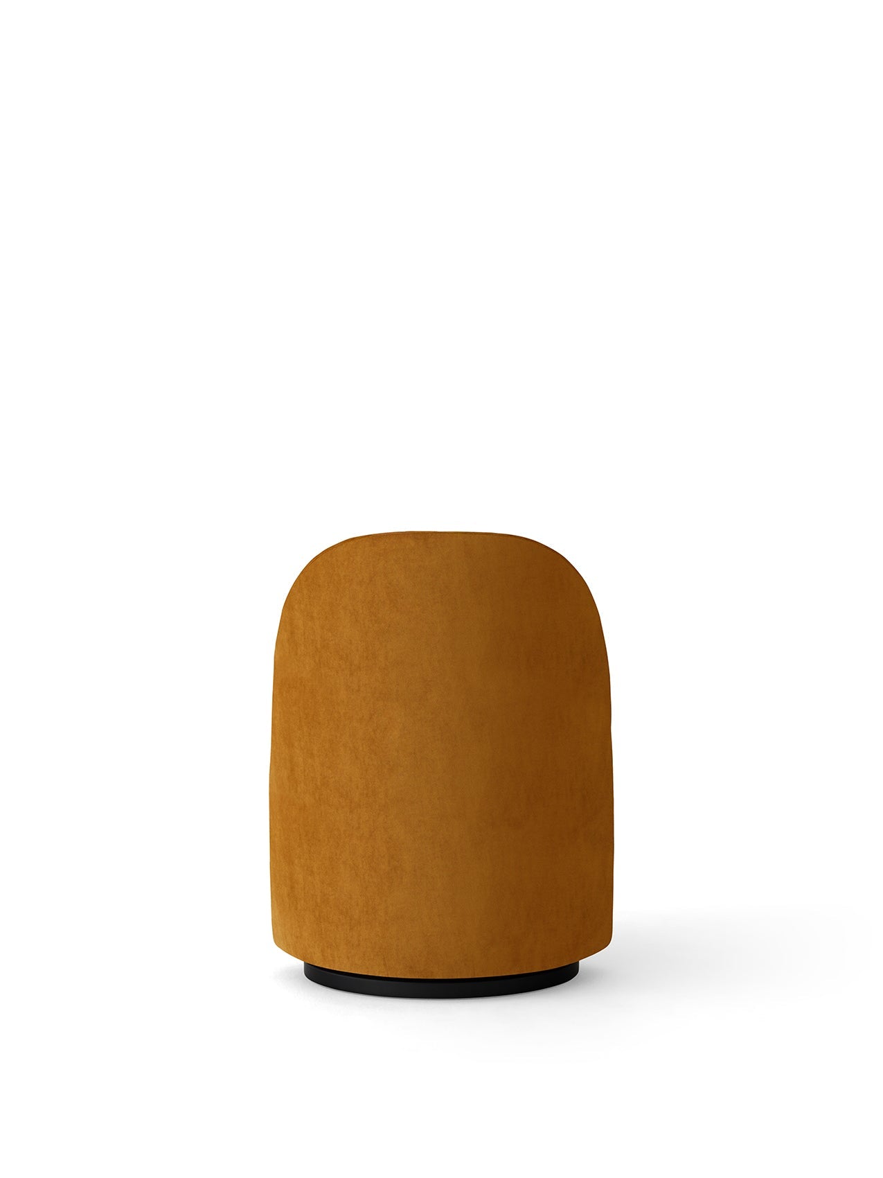 Back view of the Tearoom Club Chair, Swivel w/ Return, upholstered in mustard Champion 041 fabric on a black swivel base.