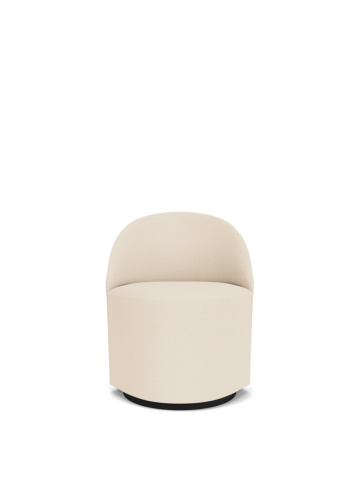 A front view of the Tearoom Club Chair. It has a rounded form, light beige upholstery, and a recessed black swivel base.