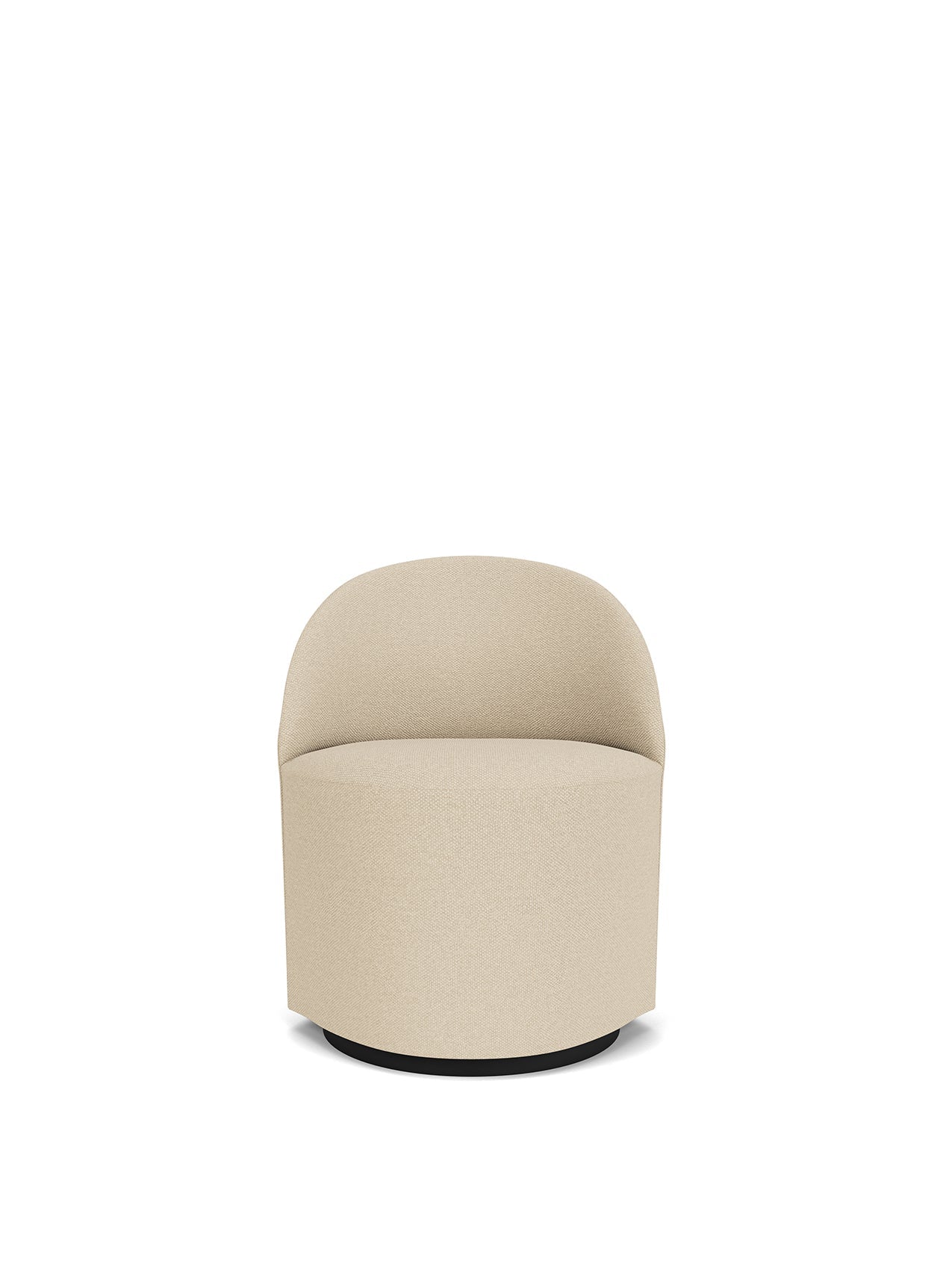 Front view of the Tearoom Club Chair, Swivel w/ Return, upholstered in a light beige textured fabric on a black swivel base.