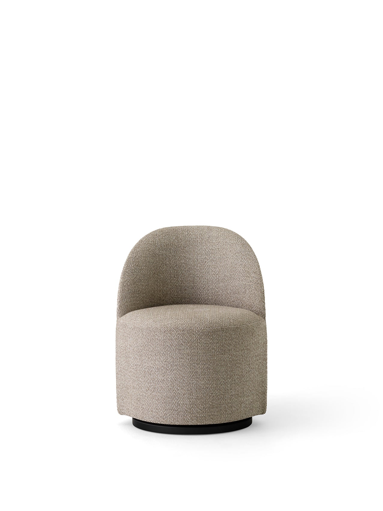 A front view of the Tearoom Club Chair, Swivel w/ Return, upholstered in textured beige Safire fabric on a black swivel base.
