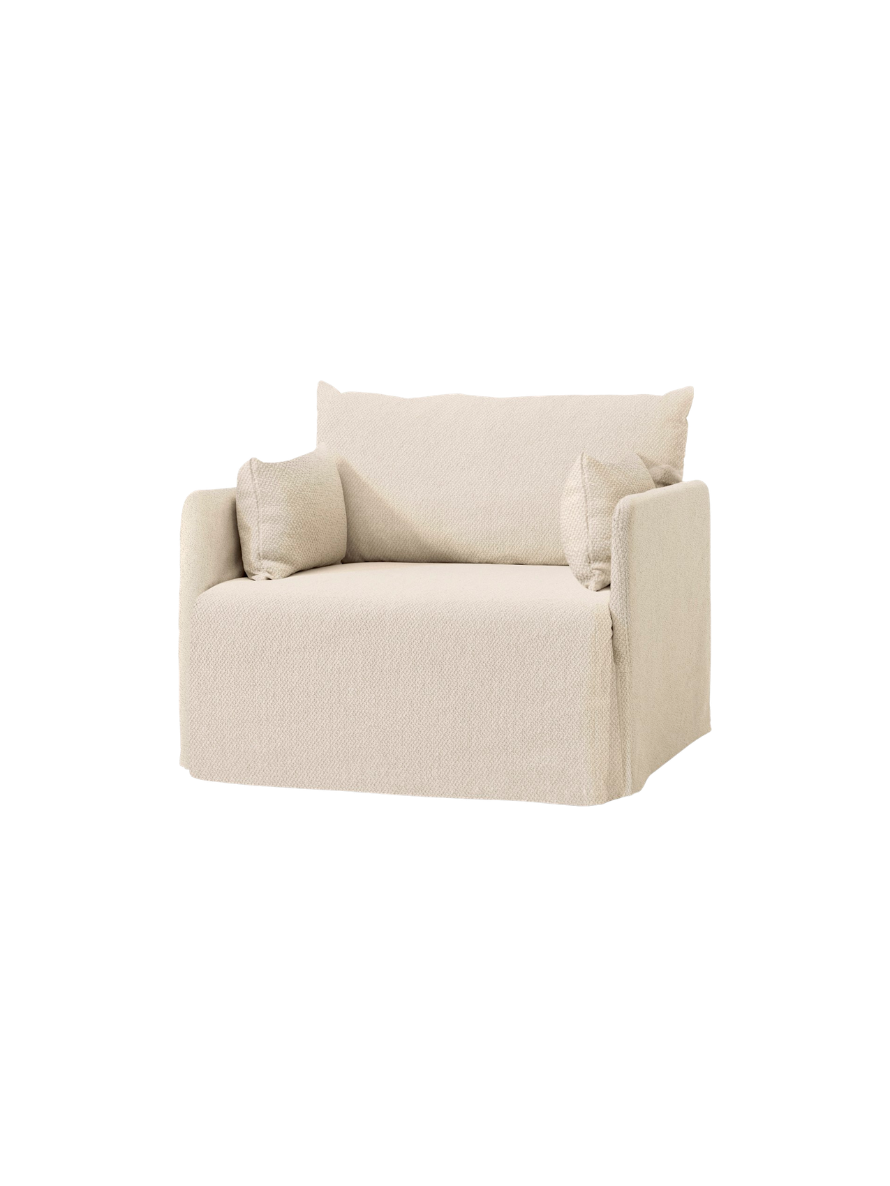 Angled view of the Offset Sofa w. Loose Cover, 1-seater, in textured Logan Jasmine fabric with two matching side cushions.