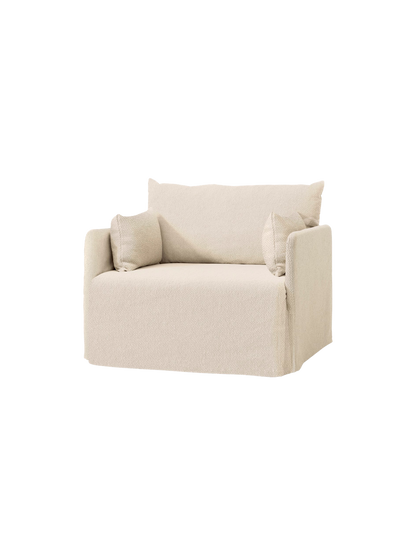 Angled view of the Offset Sofa w. Loose Cover, 1-seater, in textured Logan Jasmine fabric with two matching side cushions.