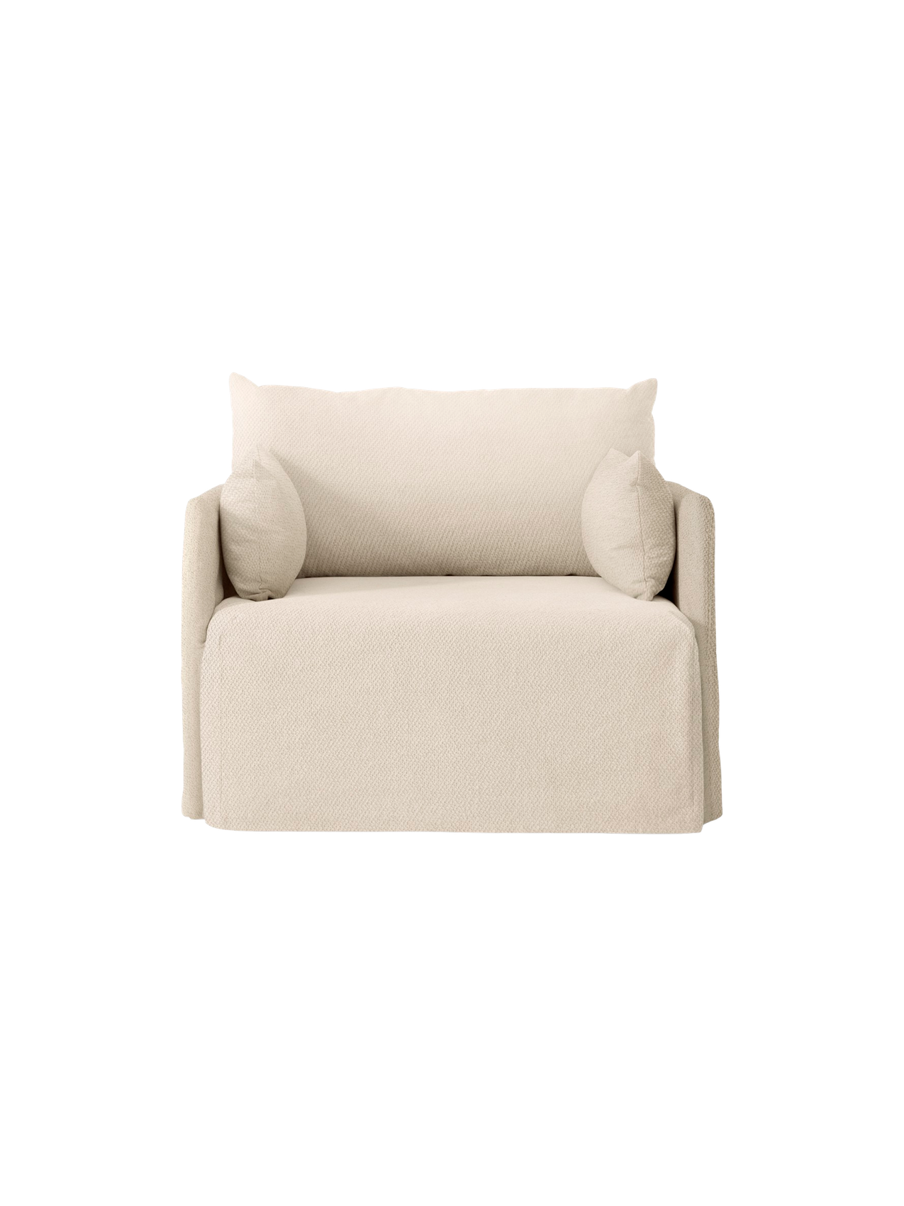 Front view of the one-seater Offset Sofa. It has a relaxed silhouette with a textured, light beige Logan Jasmine loose cover.