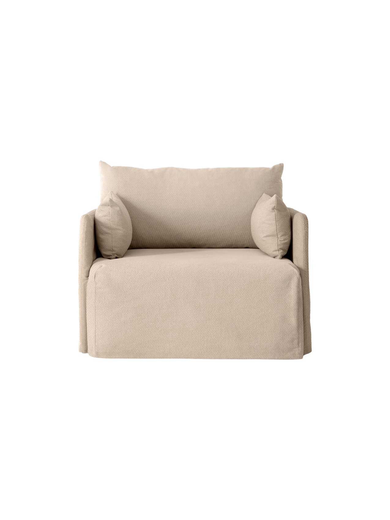Frontal view of the Offset 1-Seater Sofa with a sand-coloured loose cover, large back cushion and two smaller side cushions.