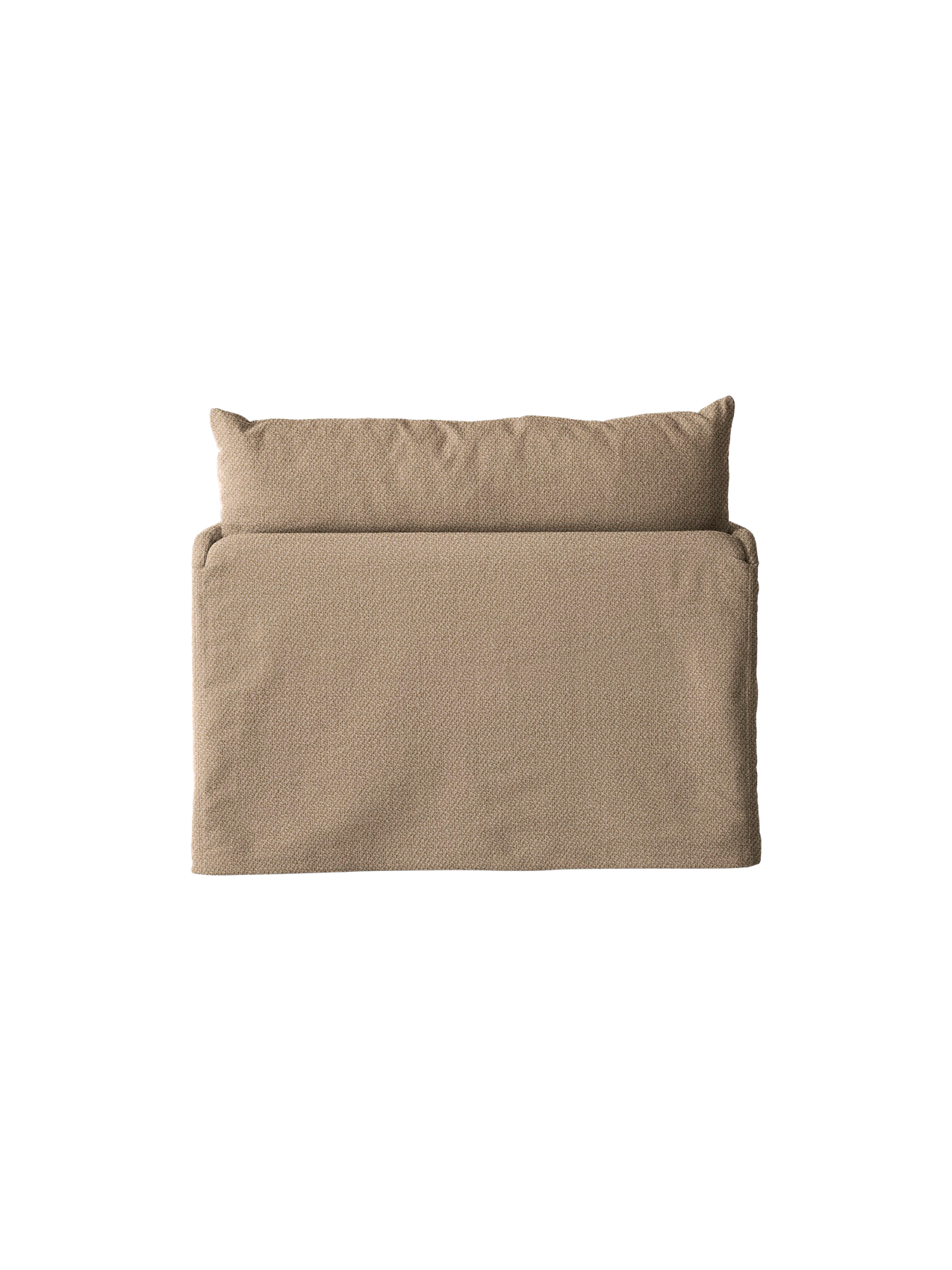 The back of a one-seater Offset Sofa with a loose cover in a textured, brownish-grey Flint fabric, on a black background.