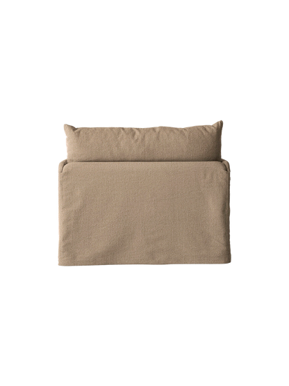 The back of a one-seater Offset Sofa with a loose cover in a textured, brownish-grey Flint fabric, on a black background.