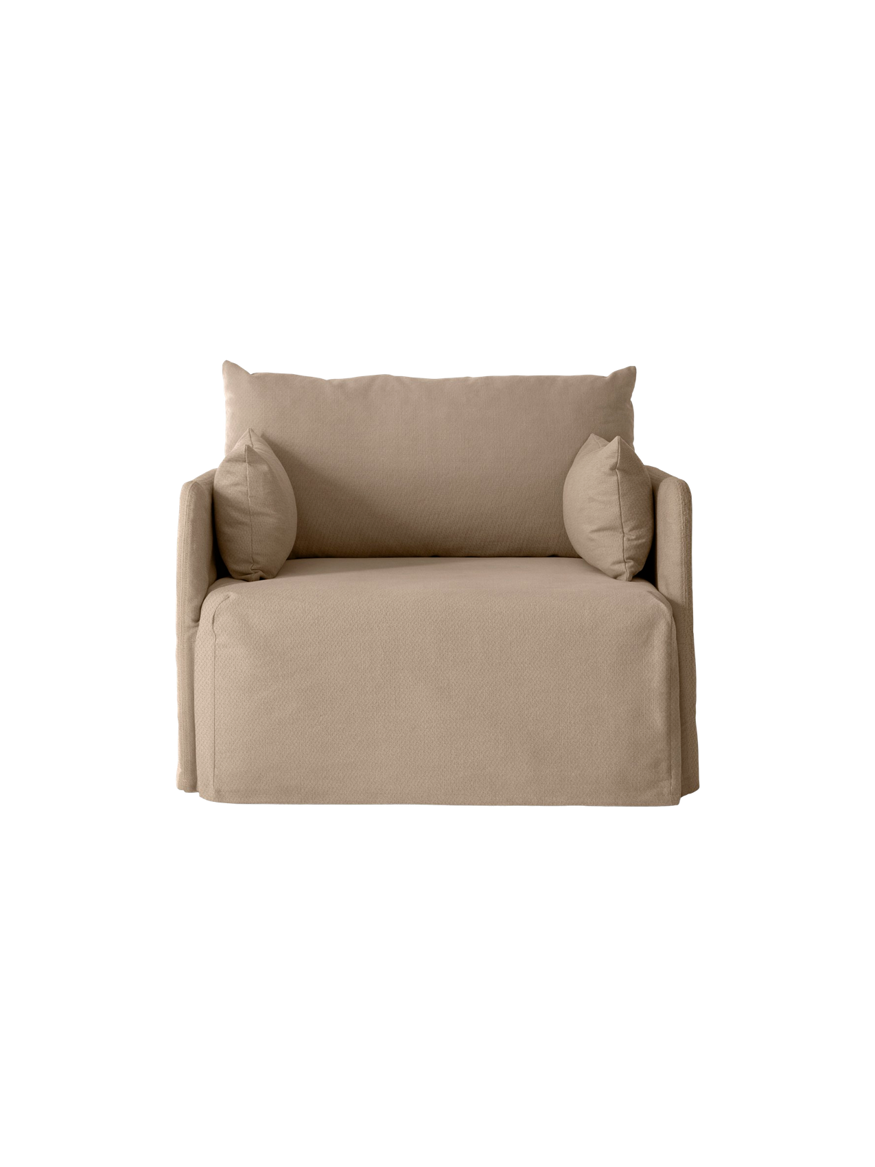 Front view of the Offset 1-Seater Sofa with a loose cover in textured Flint fabric, with a relaxed look and cushions.