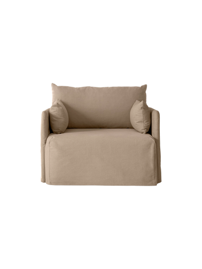 Front view of the Offset 1-Seater Sofa with a loose cover in textured Flint fabric, with a relaxed look and cushions.