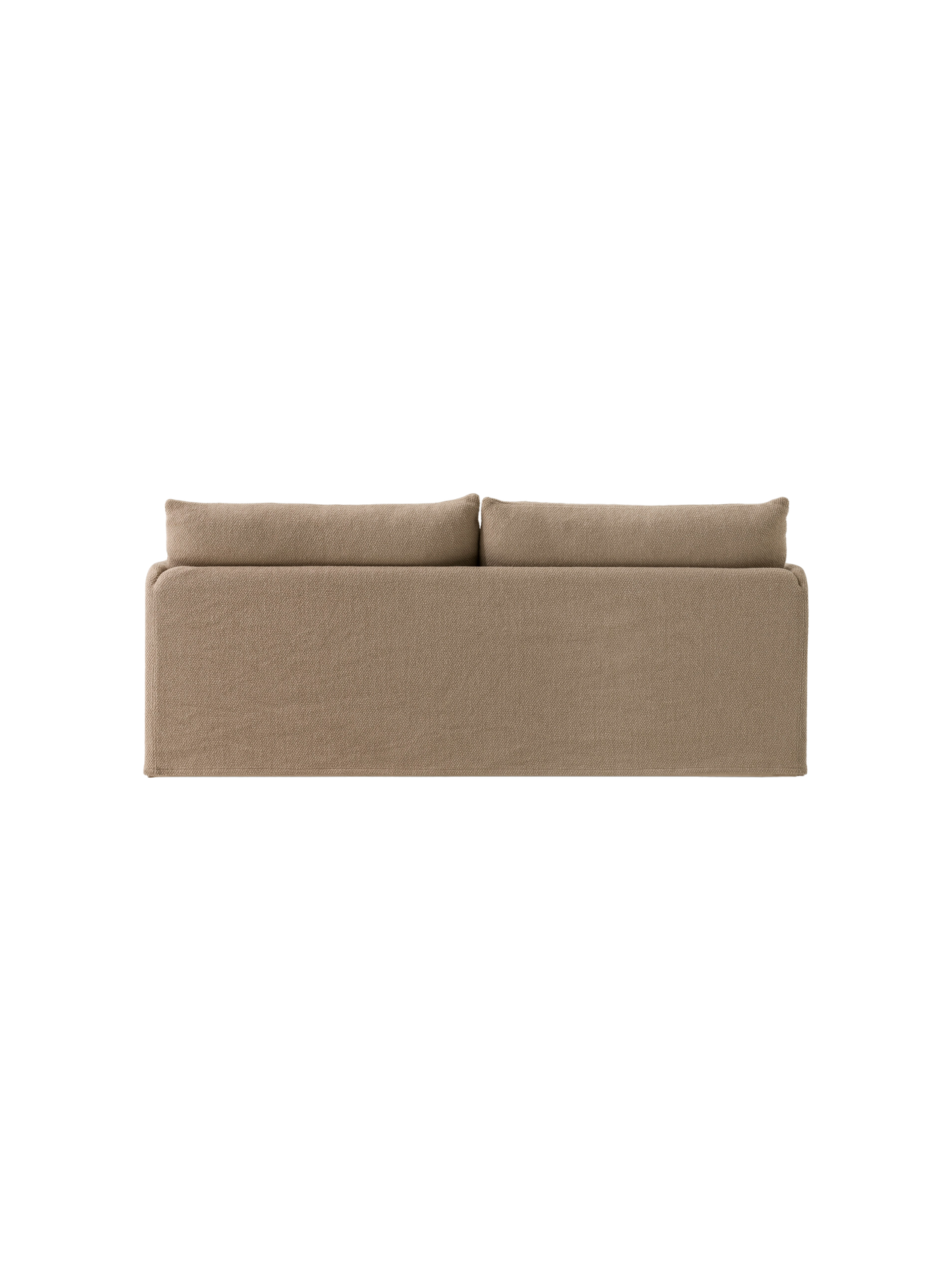 A back view of the Offset Sofa with Loose Cover, a two-seater model upholstered in textured, light brown Flint fabric.
