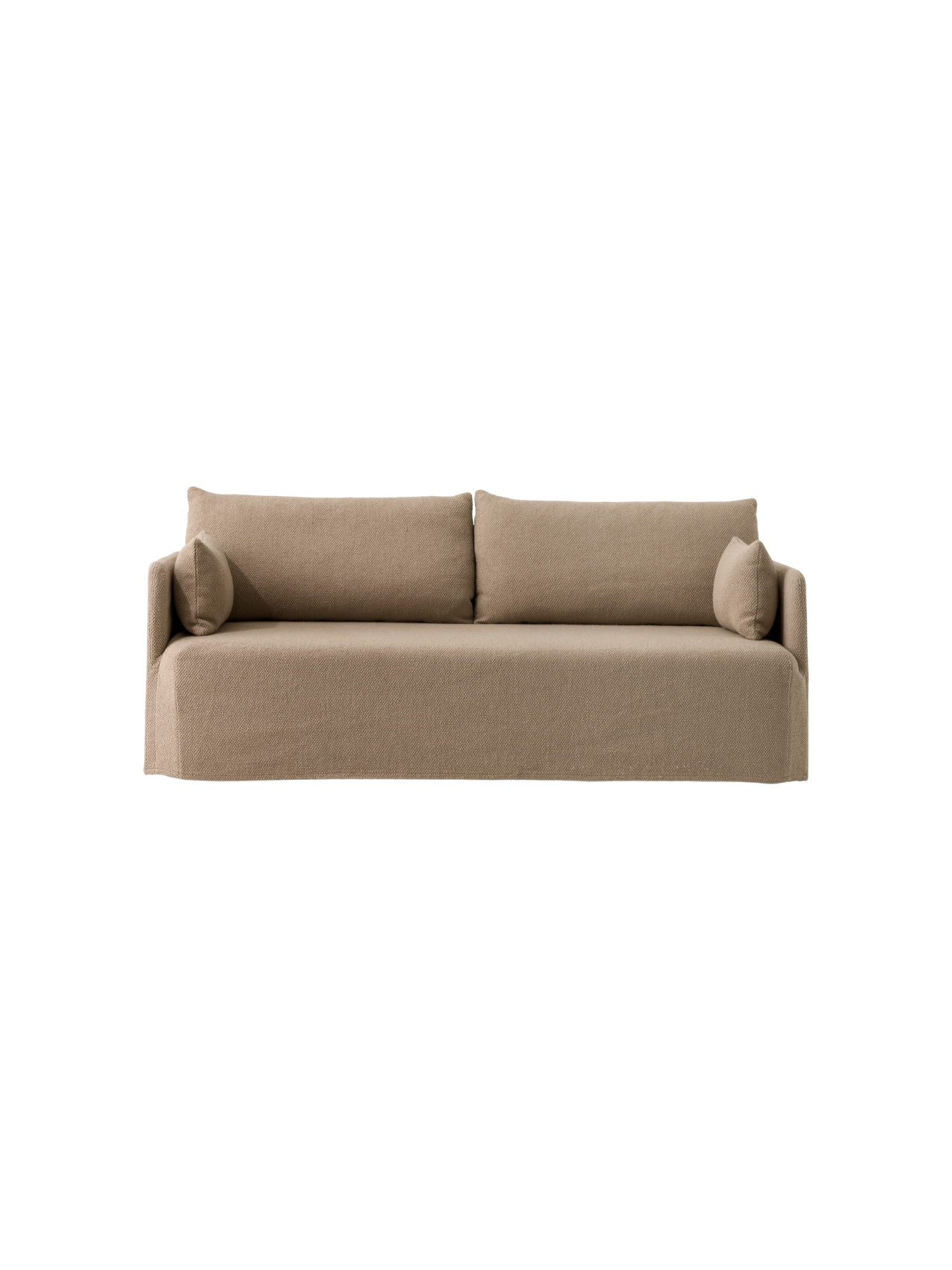 Front view of the Offset Sofa with Loose Cover, 2-seater in a textured, light grey Logan Flint fabric on a black background.