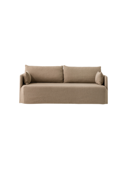 Front view of the Offset Sofa with Loose Cover, 2-seater in a textured, light grey Logan Flint fabric on a black background.
