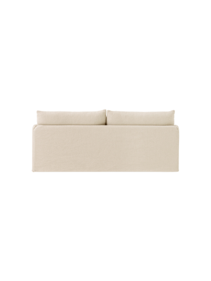 Back view of the 2-seater Offset Sofa with a Loose Cover in a light-coloured, textured Logan Jasmine fabric.