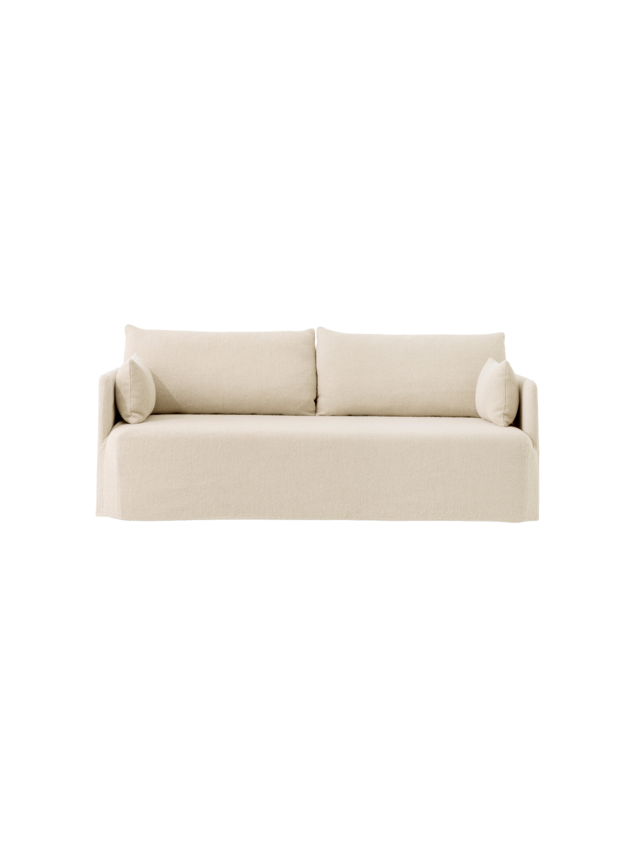 A frontal view of the Offset 2-seater Sofa with a loose cover in a light, textured Logan Jasmine fabric.