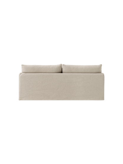 The back of the Offset Sofa with Loose Cover, a 2-seater model shown in a textured, sand-coloured fabric.