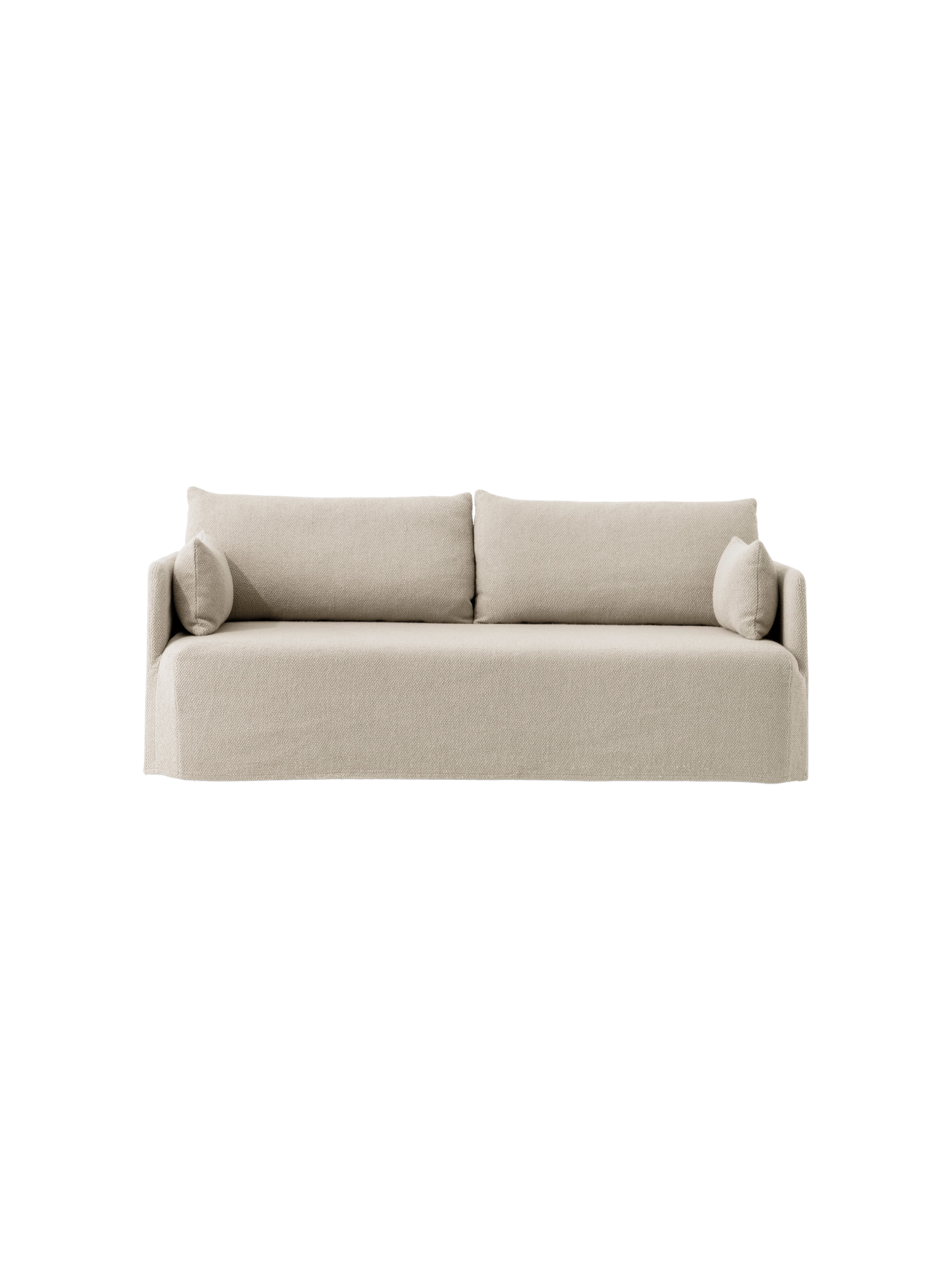 The Offset Sofa with Loose Cover, a 2-seater model shown from the front, upholstered in a sand-coloured textured fabric.