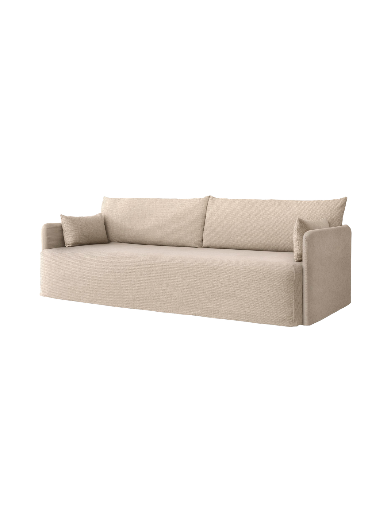 Angled view of the Audo Offset Sofa with Loose Cover. The 3-seater sofa is upholstered in a textured sand-coloured fabric.