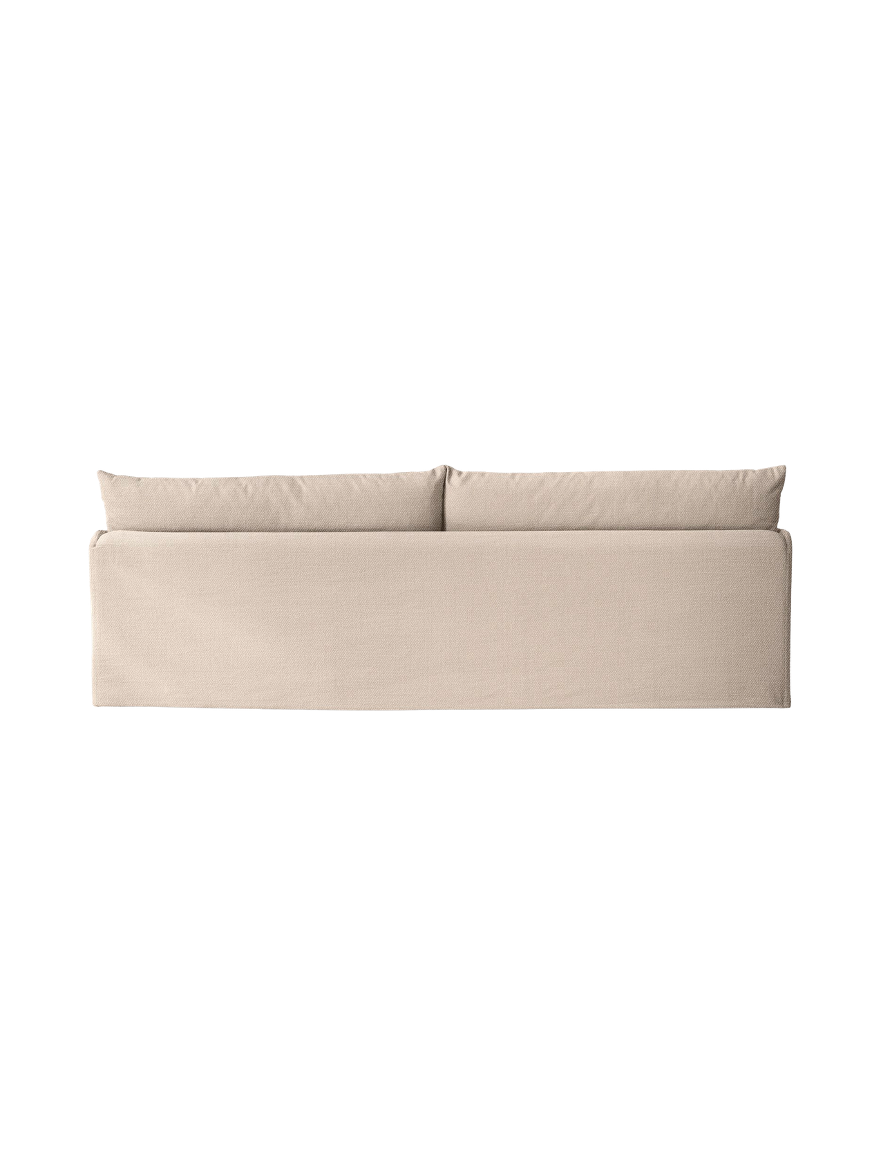 A back view of the sand-coloured Offset Sofa, a 3-seater with a loose cover, showing the two plush back cushions.