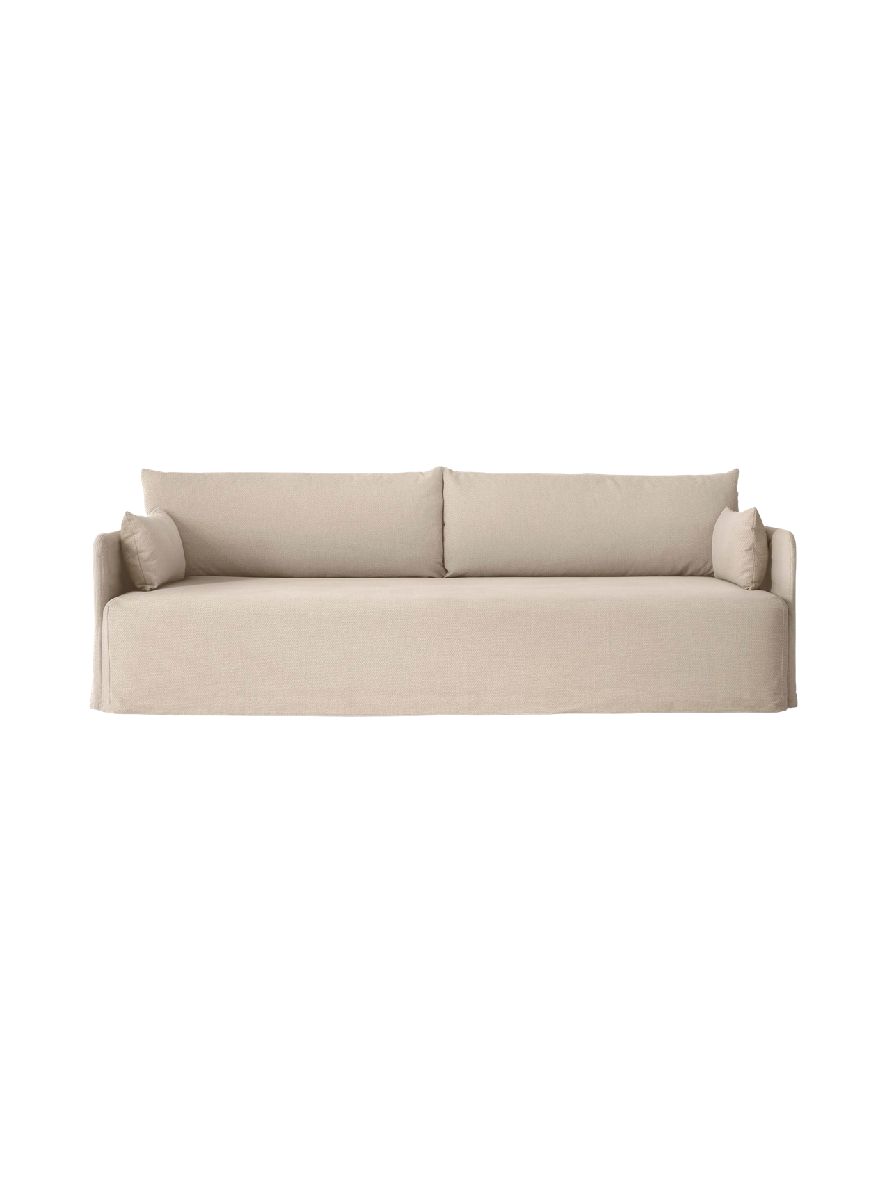 Front view of the Offset 3-Seater Sofa with Loose Cover in sand, with two large back and two smaller side cushions.