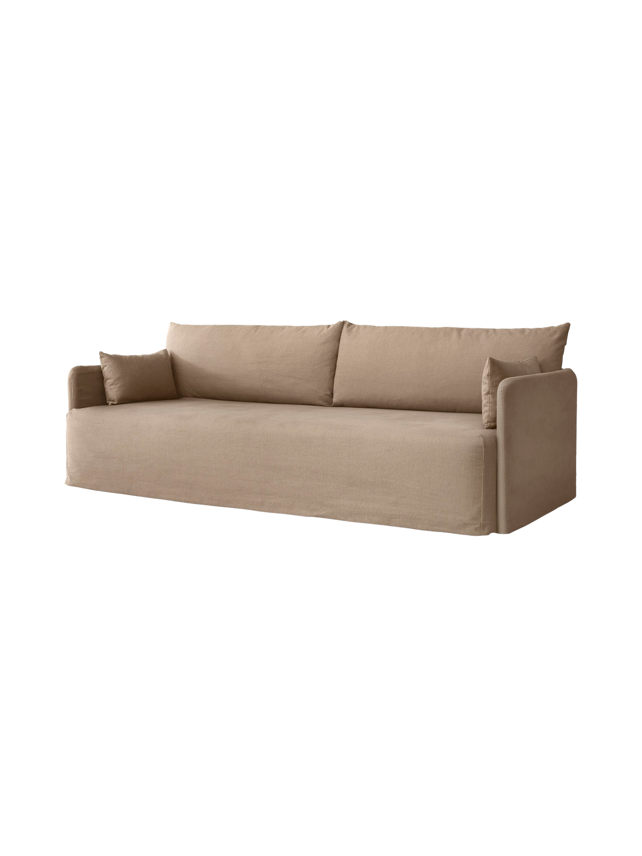 Angled view of the 3-seater Offset Sofa with a loose cover in a textured, light brown Flint fabric against a plain backdrop.