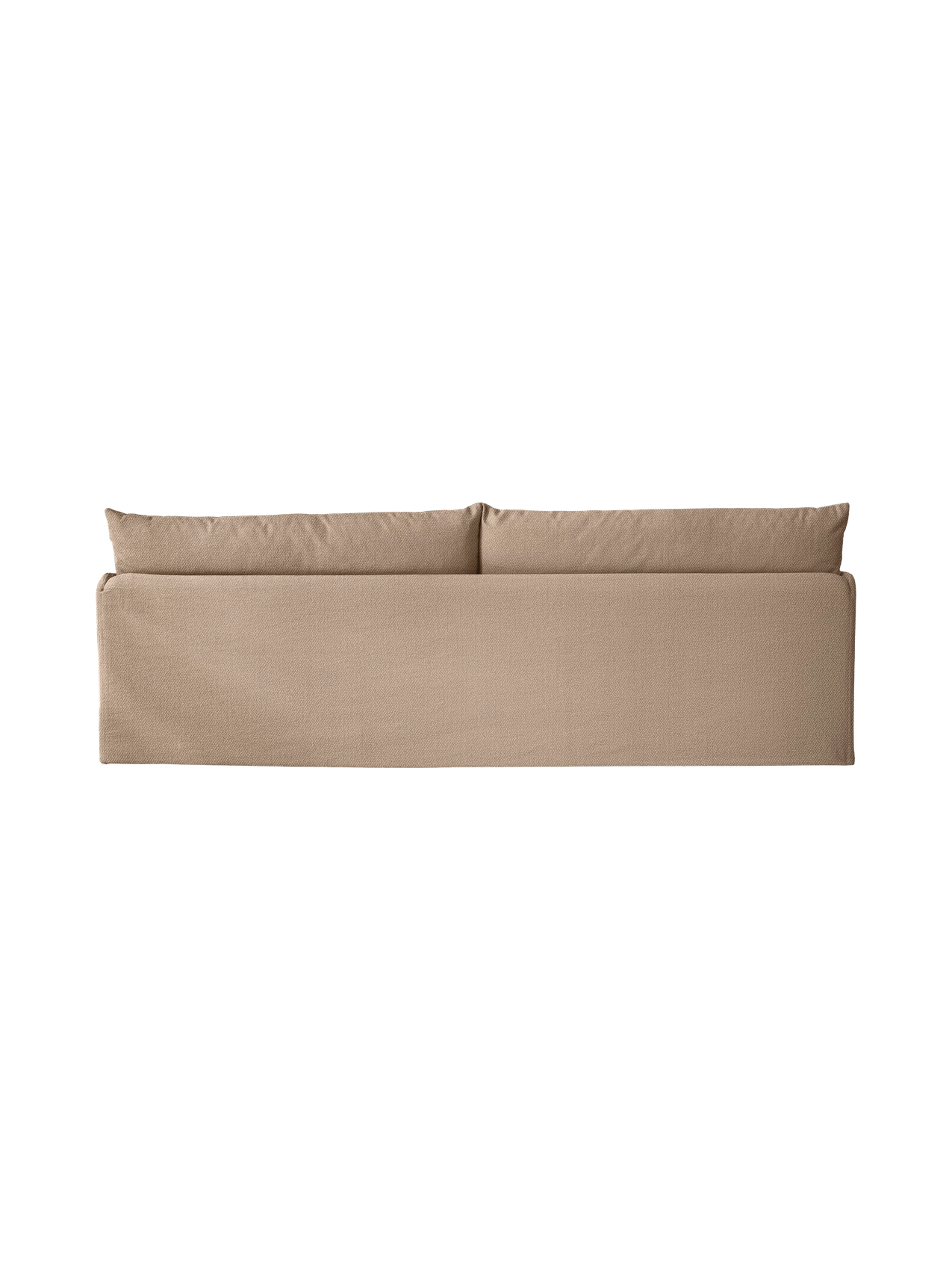 Back view of the Offset Sofa 3-Seater with a loose cover in a textured, light brown 'Flint' fabric on a black background.