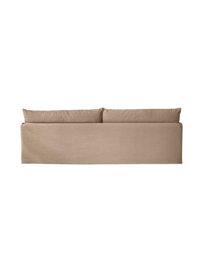Back view of the Offset Sofa 3-Seater with a loose cover in a textured, light brown 'Flint' fabric on a black background.
